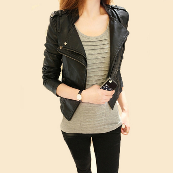 Дамско яке от изкуствена кожа, черно есенно-пролетно