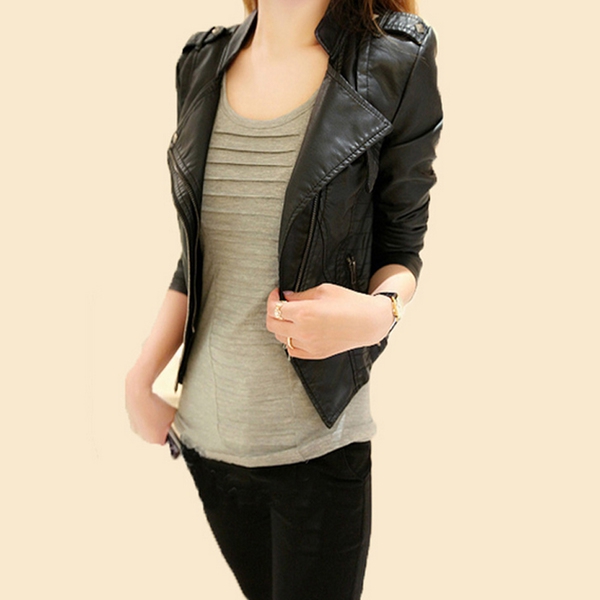 Дамско яке от изкуствена кожа, черно есенно-пролетно