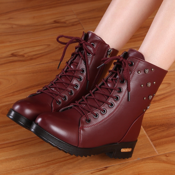 Дамски ботуши от изкуствена кожа - есенни и зимни, модерни цветове - черно, кафяво, сиво, винено червено