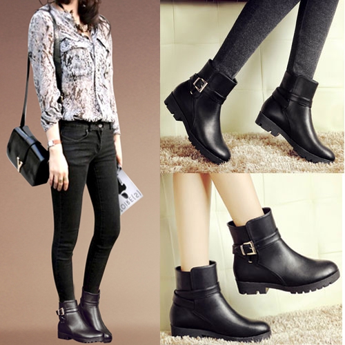 Дамски черни зимни ботуши с кадифена подплата и изкуствена кожа