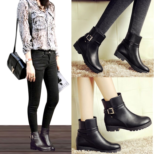 Дамски черни зимни ботуши с кадифена подплата и изкуствена кожа