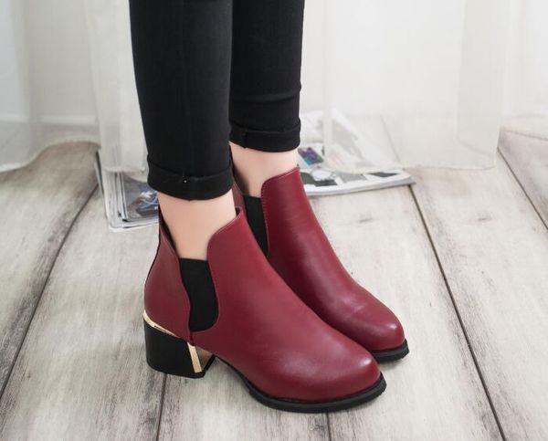 Дамски обувки с висок ток от изкуствена кожа - зимни, черни, винено червени