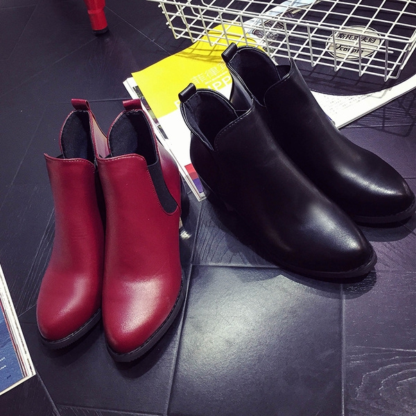 Дамски обувки с висок ток от изкуствена кожа - зимни, черни, винено червени