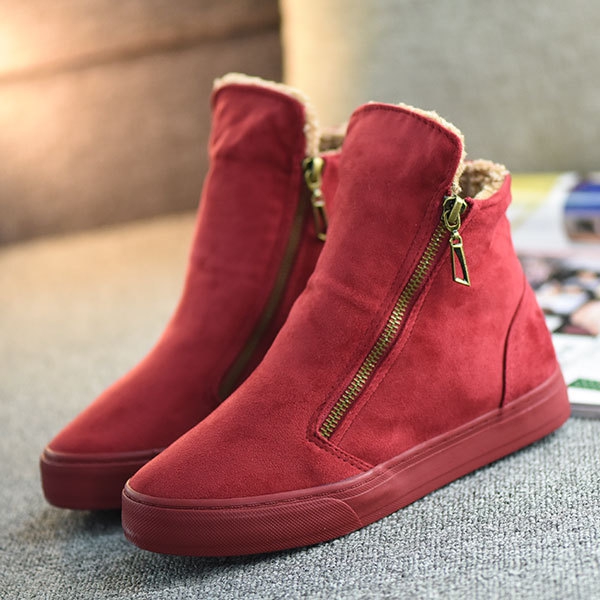 Дамски зимни обувки с цип - стилни и пухени - червени, черни, тъмносини и кафяви
