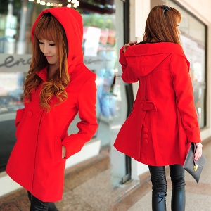 Дамско палто с качулка в три различни цвята - червено, черно, бежово
