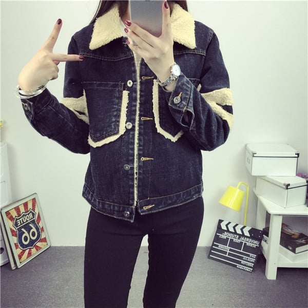 Дамско зимно дънково яке с кадифена подплата 