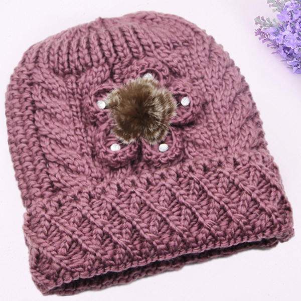 Дебели дамски зимни шапки с декоративни елементи - четири модела - лилав, кафав, розов, тъмночервен