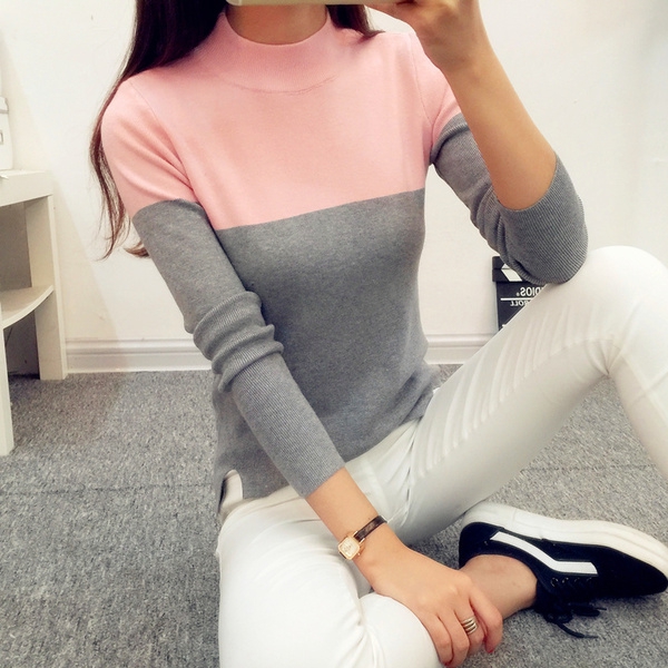 Дамски пуловер с яка и без яка в различни цветови комбинации