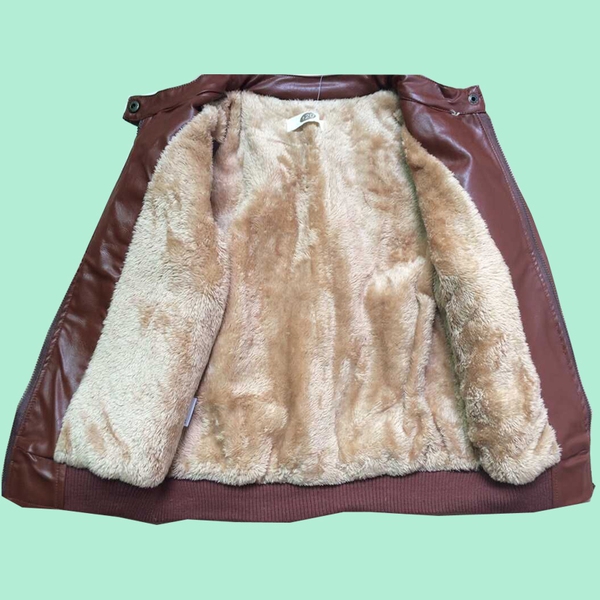 Детско яке от изкуствена кожа за момчета - кафяво и черно