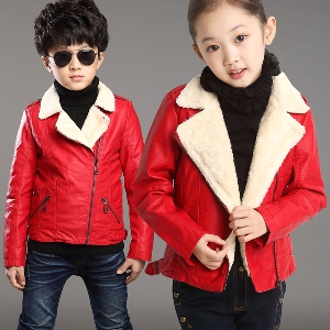 Детско яке от изкуствена кожа и памук, за момчета и момичета  - черно и червено