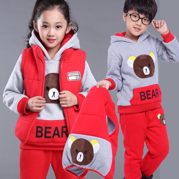 Детски зимен комплект за момичета и момчета от жилетка с качулка, блуза и панталони в три модела 