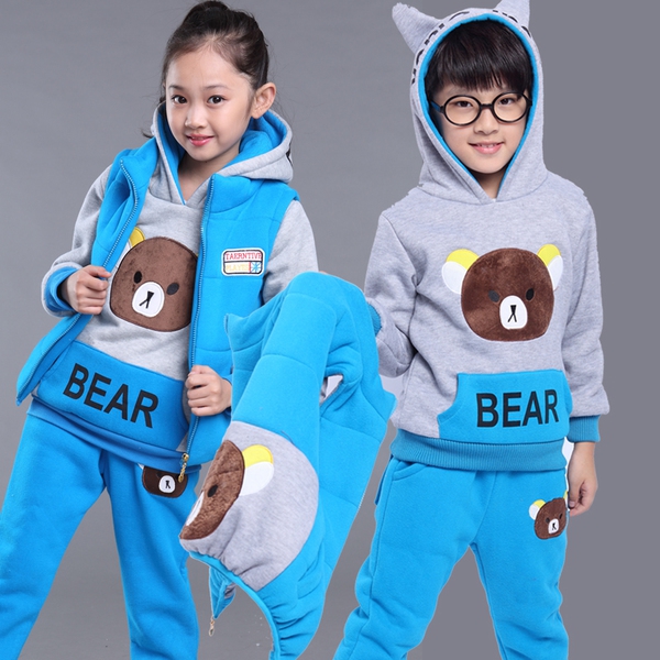 Детски зимен комплект за момичета и момчета от жилетка с качулка, блуза и панталони в три модела 