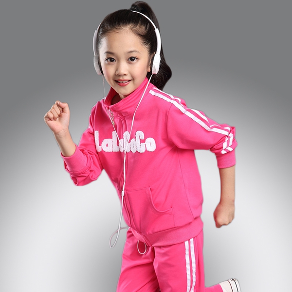 Детски анцуг за момичета в три цветови модела - розов, зелен, червен