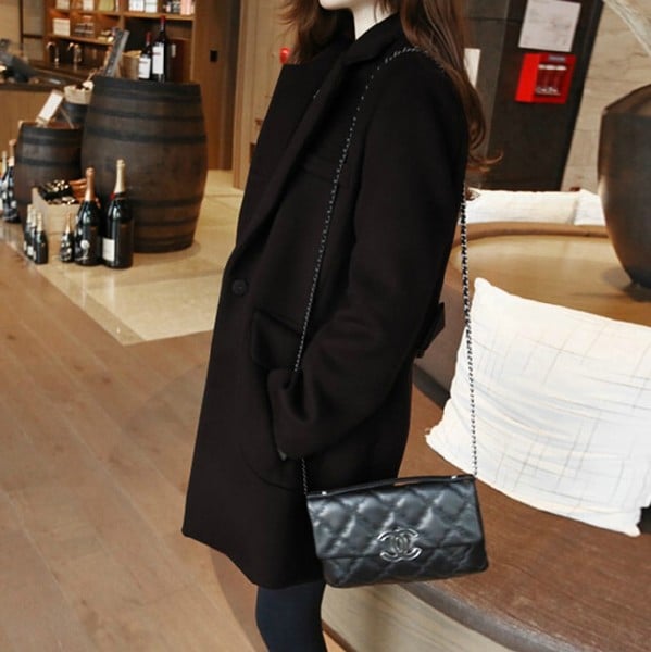 Κομψό γυναικείο μακρύ χειμωνιάτικο  παλτό - κόκκινο κρασί, μαύρο και γκρι