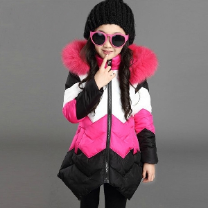 Детско дълго зимно памучно яке за момичета - модел в син и розов цвят