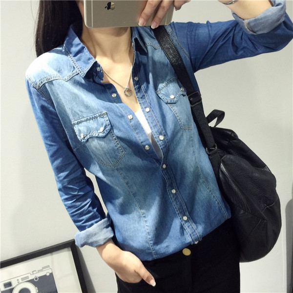 Дамски дънкови ризи есенни и пролетни - светлосини и тъмносини