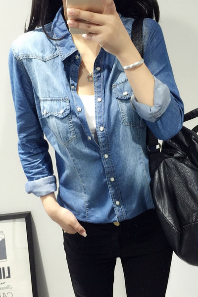 Дамски дънкови ризи есенни и пролетни - светлосини и тъмносини