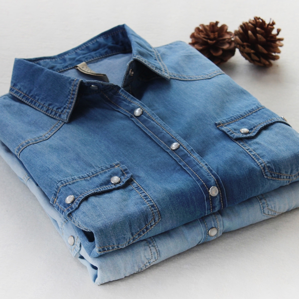 Дамска памучна дънкова риза - есенна и пролетна - тъмносиня и светлосиня