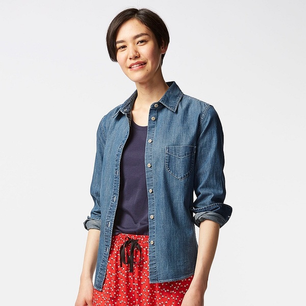 Дамска дънкова риза с дълъг ръкав - бяла, синя, тъмносиня