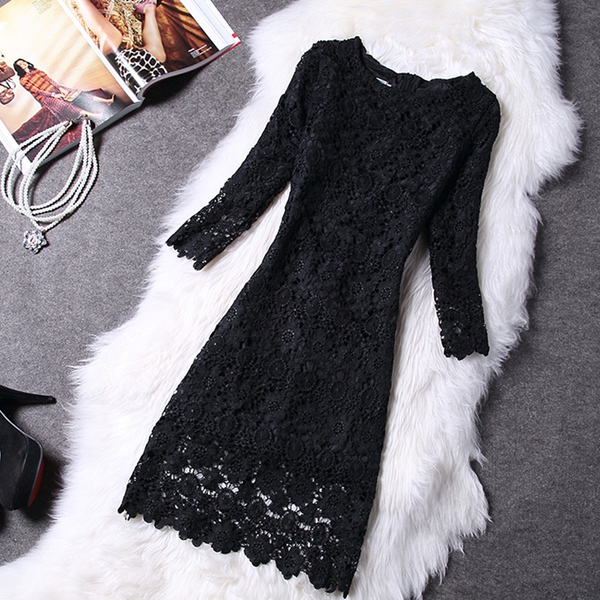 Дамска дантелена рокля с 3/4 ръкав: червена и черна