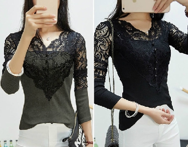Γυνακεία  μπλούζα με δαντέλα ντεκολτέ του γκρι και μαύρο