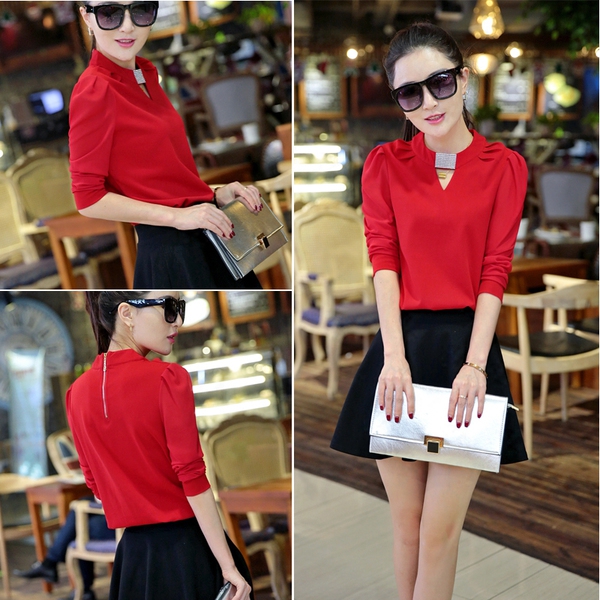 Дамска риза с 3/4 ръкав - Бяла, Черна, Червена