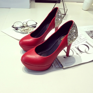 Дамски обувки с блестяща задна пета и висок ток в три цвята - червен бял черен 