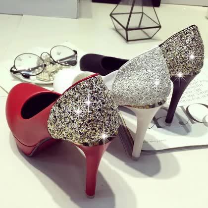 Дамски обувки с блестяща задна пета и висок ток в три цвята - червен бял черен 