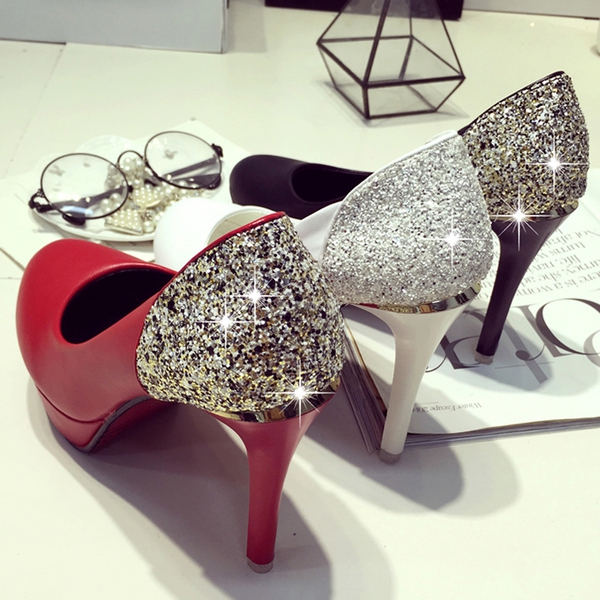 Дамски обувки с блестяща задна пета и висок ток в три цвята - червен бял черен 