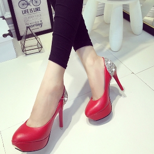 Дамски обувки с блестяща задна пета и висок ток в три цвята - червен бял черен 
