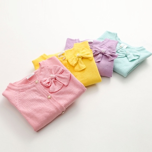 Детска пролетна жилетка с панделка за момичета - жълта, лилава, розова и зелена  