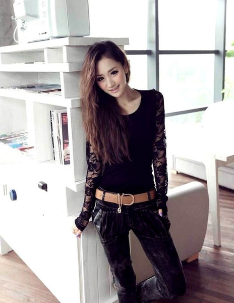 Дамска дантелена блуза черен цвят