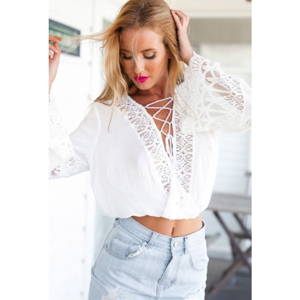 Γυναικείο μπλουζάκι V-λαιμός μακρυμάνικο γκρι και λευκού