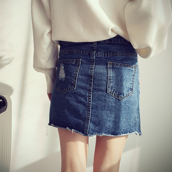 Κυρίες Denim άνοιξη φούστα με ξεφτισμένες μέρη