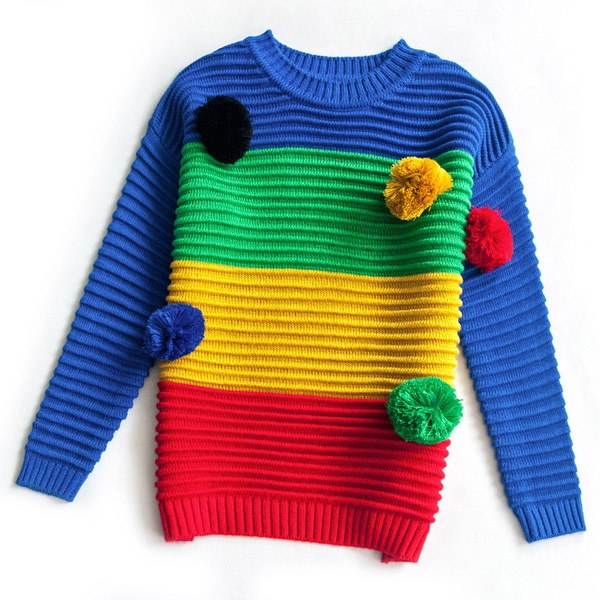 Детски красив цветен пуловер за момичета с топчета