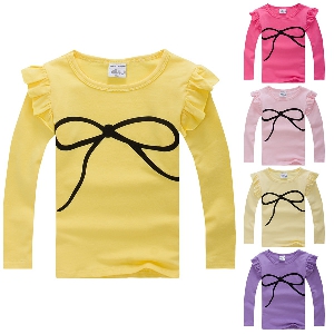 Детска пролетна модерна тениска с дълги ръкави за момичета - лилава, жълта, розова, синя