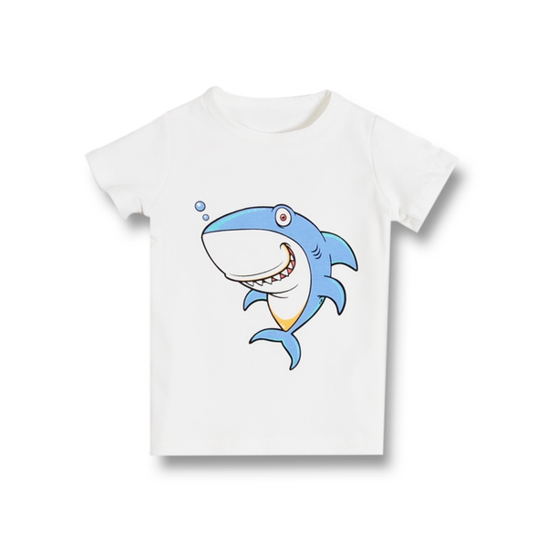 Παιδικό καλοκαιρινό κοντό μανίκι T-shirt με κινούμενα σχέδια - δεινόσαυρος, καρπούζι, ελικόπτερο, λευκό, μωβ, πορτοκαλί χρώμα