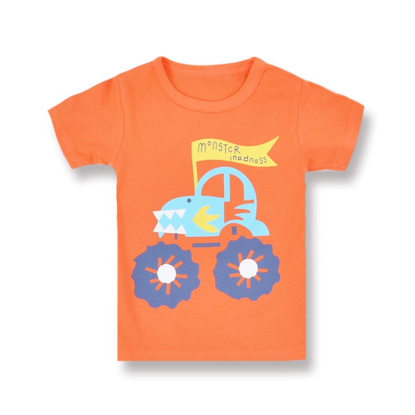 Παιδικό καλοκαιρινό κοντό μανίκι T-shirt με κινούμενα σχέδια - δεινόσαυρος, καρπούζι, ελικόπτερο, λευκό, μωβ, πορτοκαλί χρώμα