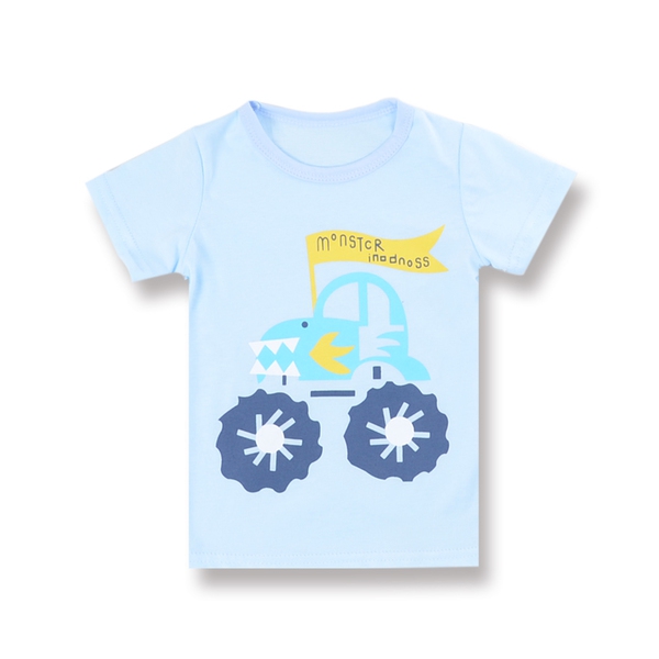 Παιδικό καλοκαιρινό κοντό μανίκι T-shirt με κινούμενα σχέδια - δεινόσαυρος, καρπούζι, ελικόπτερο, λευκό, μωβ, πορτοκαλί χρώμα