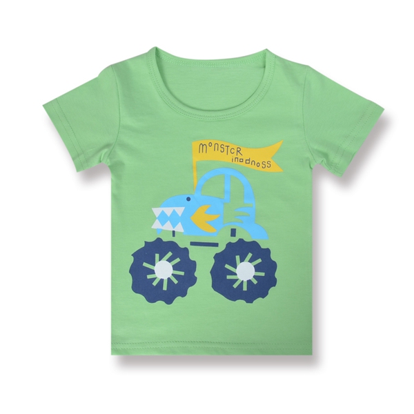 Παιδικό καλοκαιρινό κοντό μανίκι T-shirt με κινούμενα σχέδια - δεινόσαυρος, καρπούζι, ελικόπτερο, λευκό, μωβ, πορτοκαλί χρώμα