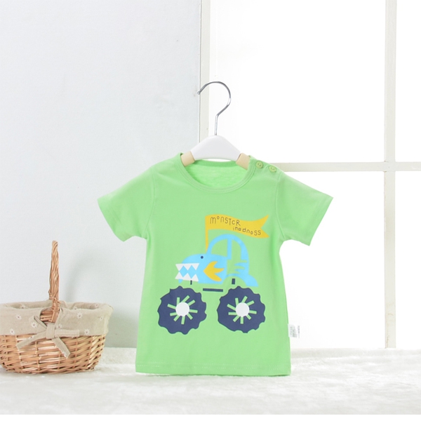 Παιδικό καλοκαιρινό κοντό μανίκι T-shirt με κινούμενα σχέδια - δεινόσαυρος, καρπούζι, ελικόπτερο, λευκό, μωβ, πορτοκαλί χρώμα