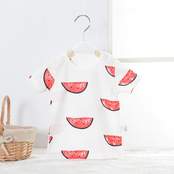 Παιδικό καλοκαιρινό κοντό μανίκι T-shirt με κινούμενα σχέδια - δεινόσαυρος, καρπούζι, ελικόπτερο, λευκό, μωβ, πορτοκαλί χρώμα