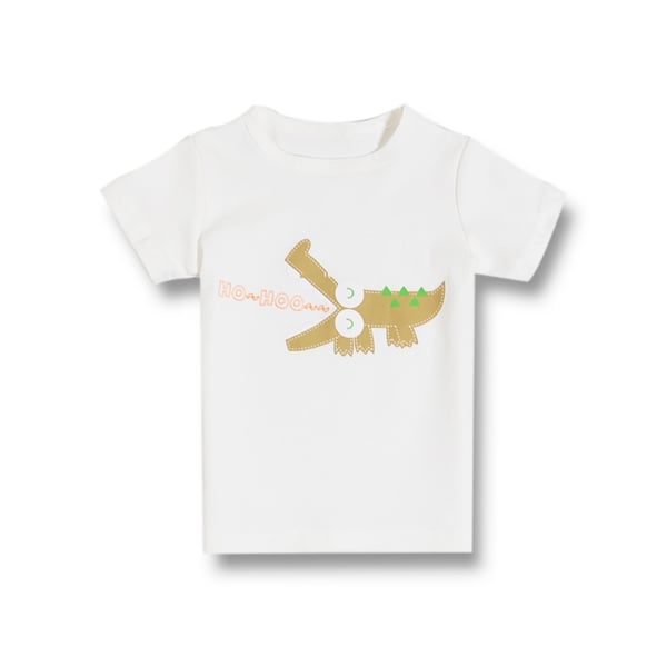 Παιδικό καλοκαιρινό κοντό μανίκι T-shirt με κινούμενα σχέδια - δεινόσαυρος, καρπούζι, ελικόπτερο, λευκό, μωβ, πορτοκαλί χρώμα