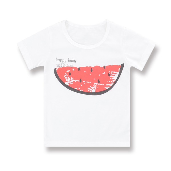 Παιδικό καλοκαιρινό κοντό μανίκι T-shirt με κινούμενα σχέδια - δεινόσαυρος, καρπούζι, ελικόπτερο, λευκό, μωβ, πορτοκαλί χρώμα