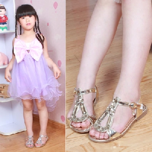 Детски златисти летни и красиви сандали с кристал за момичета 