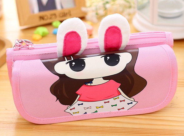 Детски несесер с анимационни ушички за училище - син, розов и лилав