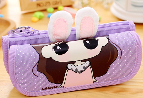 Детски несесер с анимационни ушички за училище - син, розов и лилав