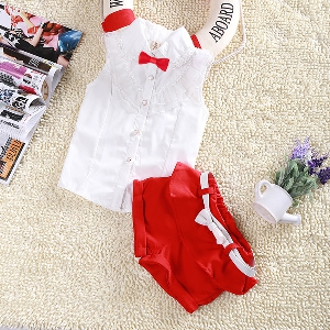 Детски летен комплект бяла риза и червени къси панталони за момичета