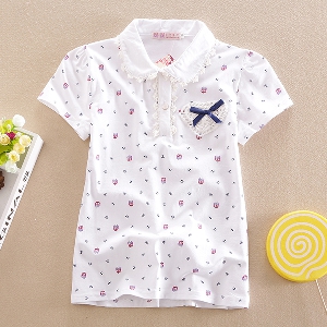 Детски модерна лятна тениска за момиченца - топ модели - жълт, розов, лилав, бял - с точки