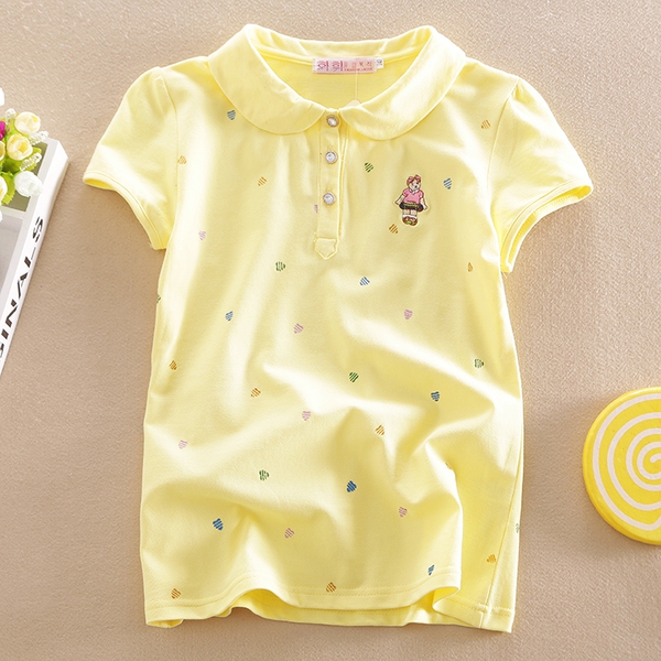 Детски модерна лятна тениска за момиченца - топ модели - жълт, розов, лилав, бял - с точки